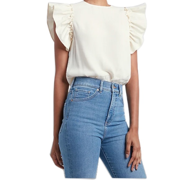 Express Tops - EXPRESS NWT cream Ruffle Sleeve Thong Bodysuit|large